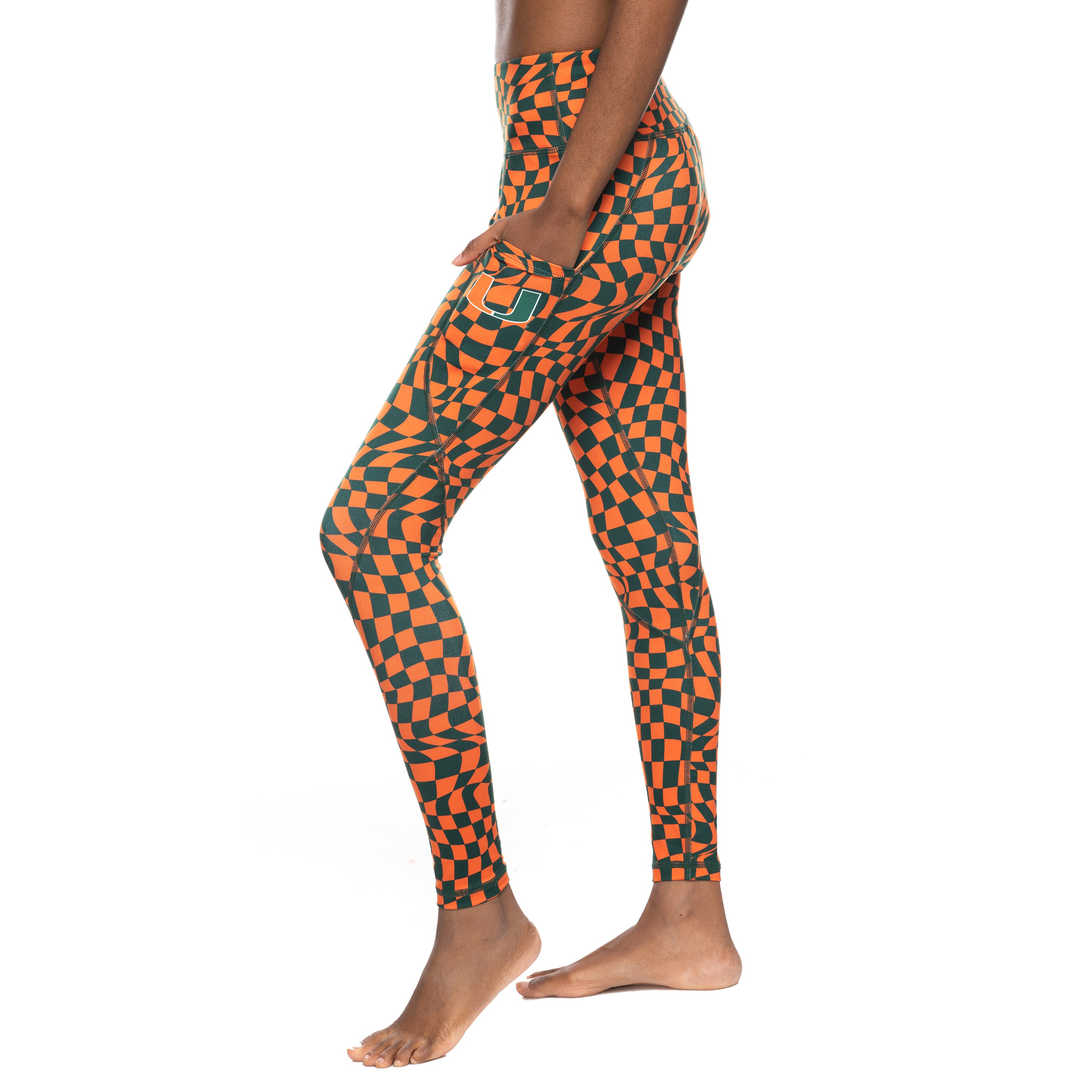 Miami Hurricanes ZooZatz U Wavy Checkerboard Pocket Leggings - Orange/Green