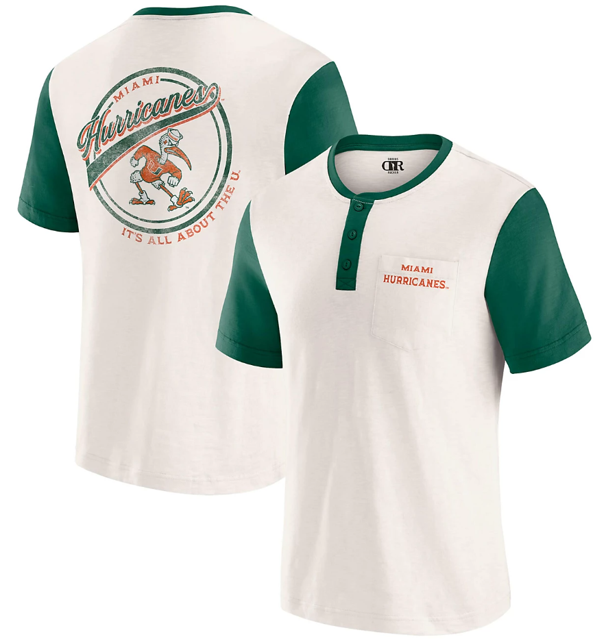 Miami Hurricanes Darius Rucker Henley Color Block Slub T-Shirt - Cream/Green