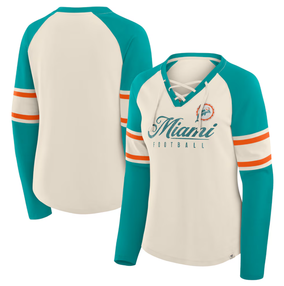 Miami Dolphins Fanatics Women's Hometown Gridiron Hero Raglan Lace-Up V-Neck Long Sleeve T-Shirt - Cream/Aqua
