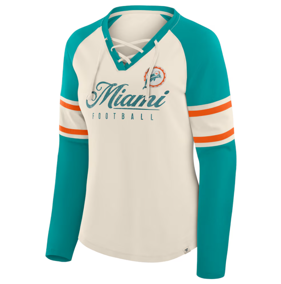 Miami Dolphins Fanatics Women's Hometown Gridiron Hero Raglan Lace-Up V-Neck Long Sleeve T-Shirt - Cream/Aqua