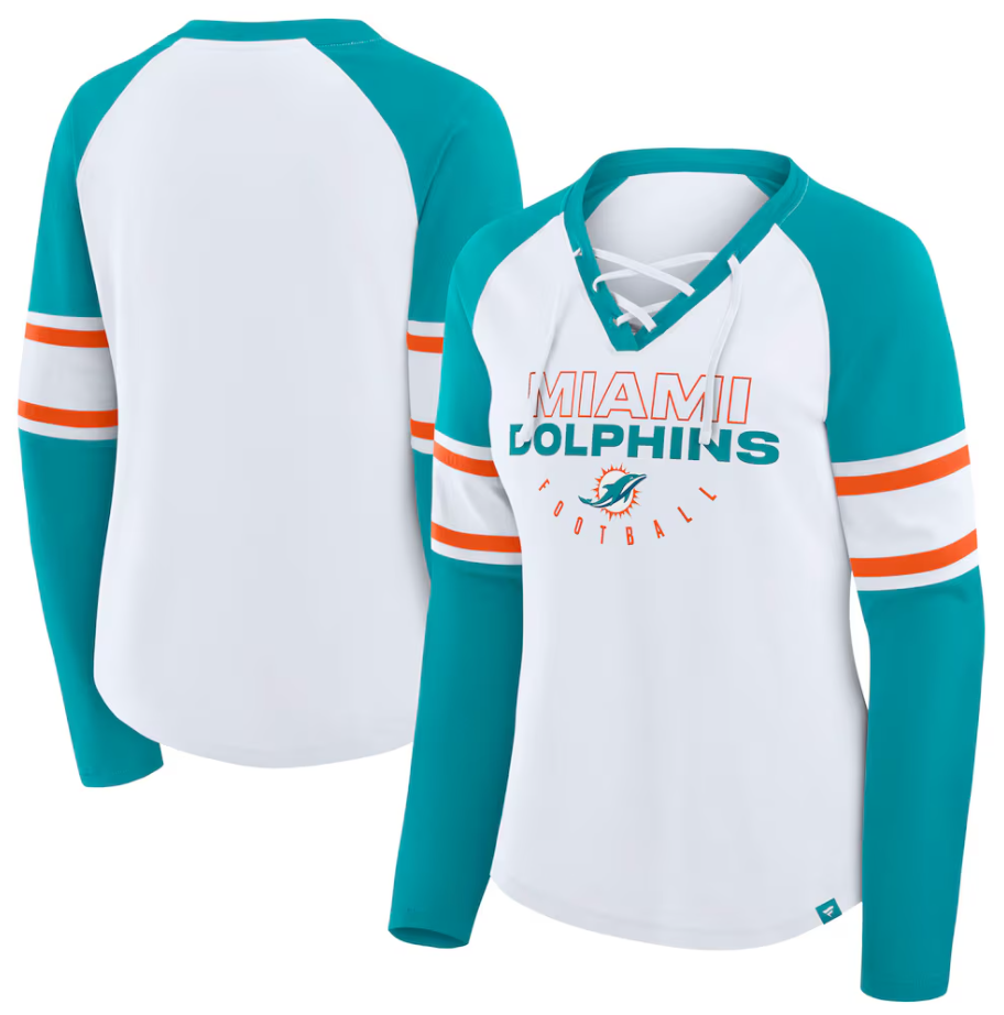 Miami Dolphins Fanatics Women's Redzone Blitz Package Raglan Lace-Up V-Neck Long Sleeve T-Shirt - White/Aqua