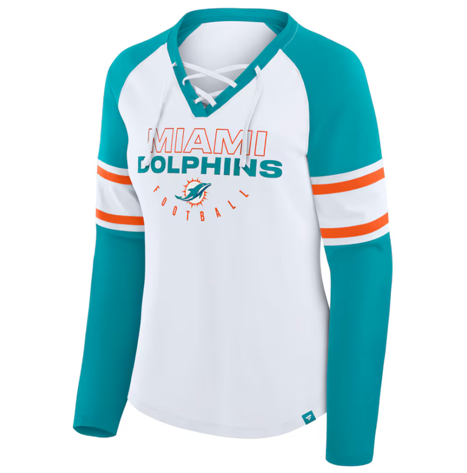Miami Dolphins Fanatics Women's Redzone Blitz Package Raglan Lace-Up V-Neck Long Sleeve T-Shirt - White/Aqua