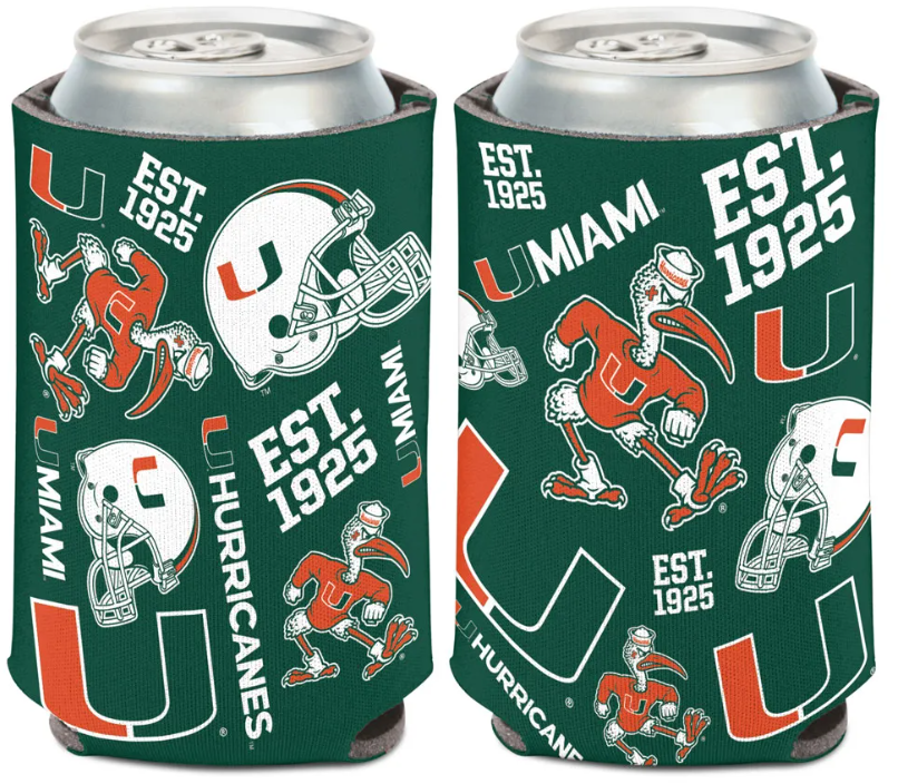 Miami Hurricanes 2-Sided All Over Logos Can Koozie