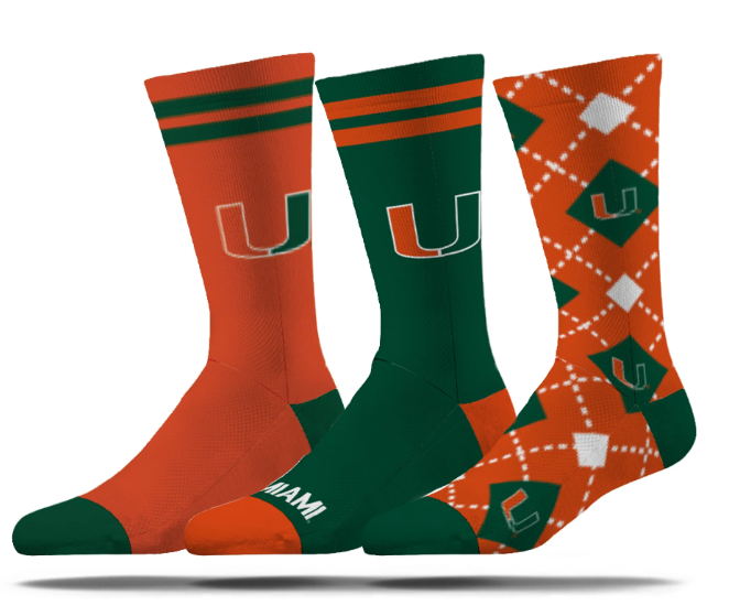 Miami Hurricanes Strideline 3 Pack Economy Knit Crew Socks
