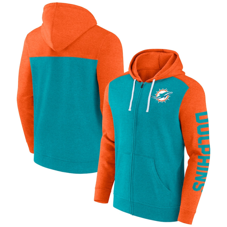 Miami Dolphins Fanatics Down and Distance Full Zip Hoodie - Aqua/Orange