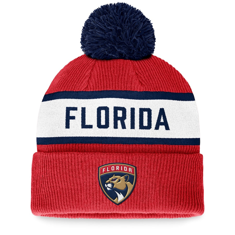 Florida Panthers Fanatics Branded Fundamental Wordmark Cuffed Knit Hat with Pom - Red