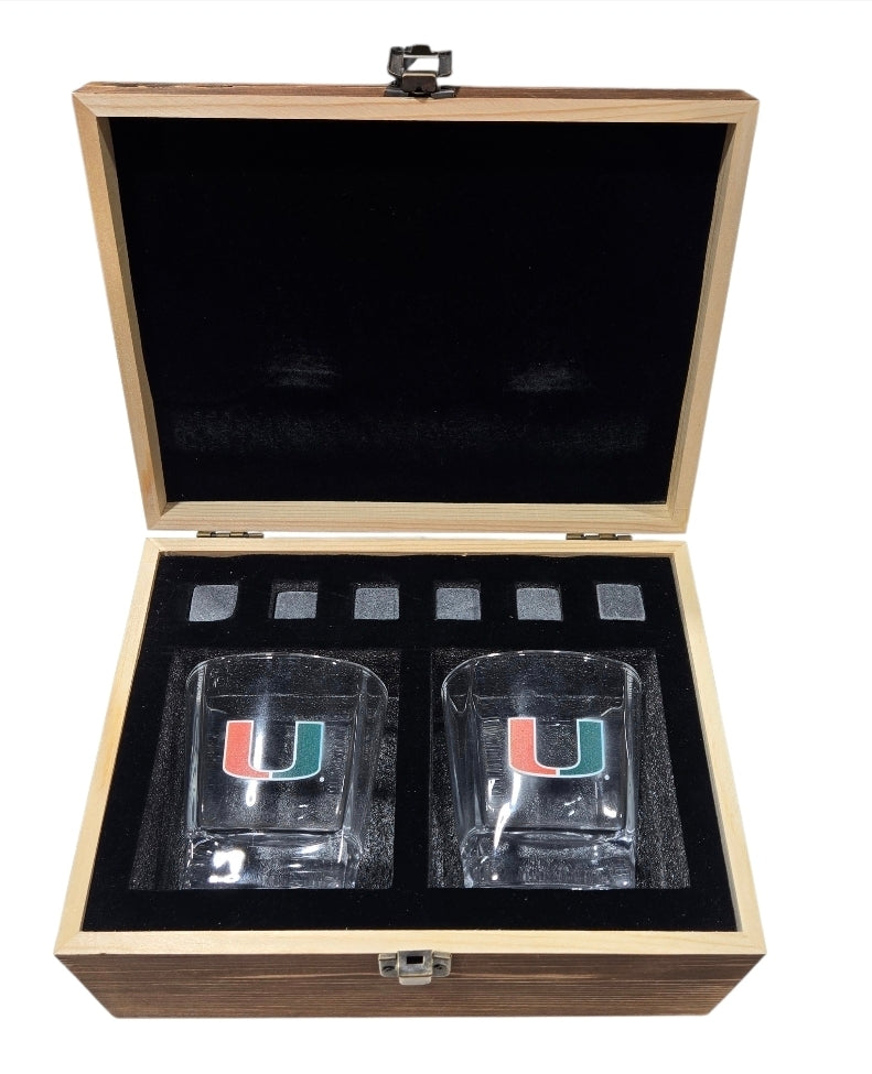Miami Hurricanes Fanatic Group Rock Glass Set with Wooden Box