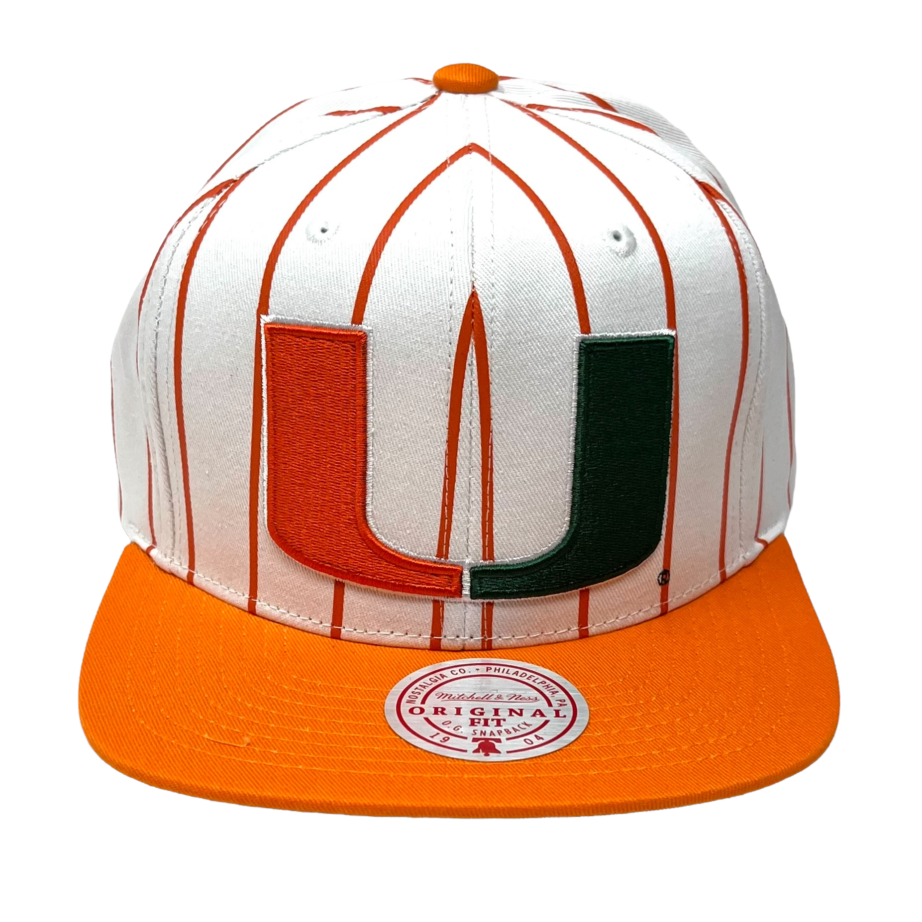 Miami Hurricanes Mitchell & Ness Retro Pinstripe Snapback Hat - White/Orange