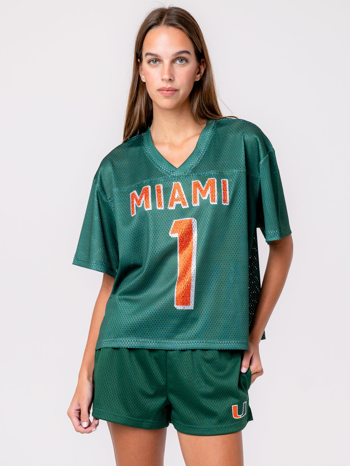 Miami Hurricanes Established & Co. Women's Rhinestone Boyfriend Football Jersey - Green
