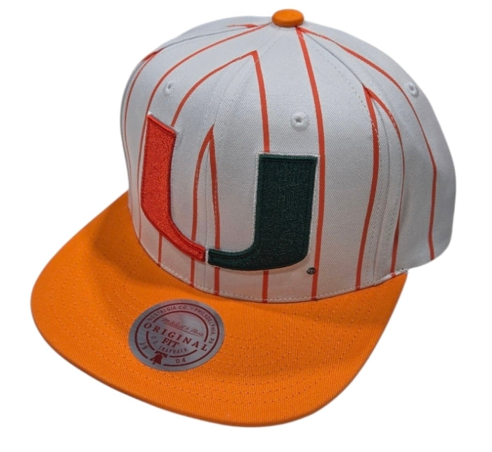 Miami Hurricanes Mitchell & Ness Retro Pinstripe Snapback Hat - White/Orange