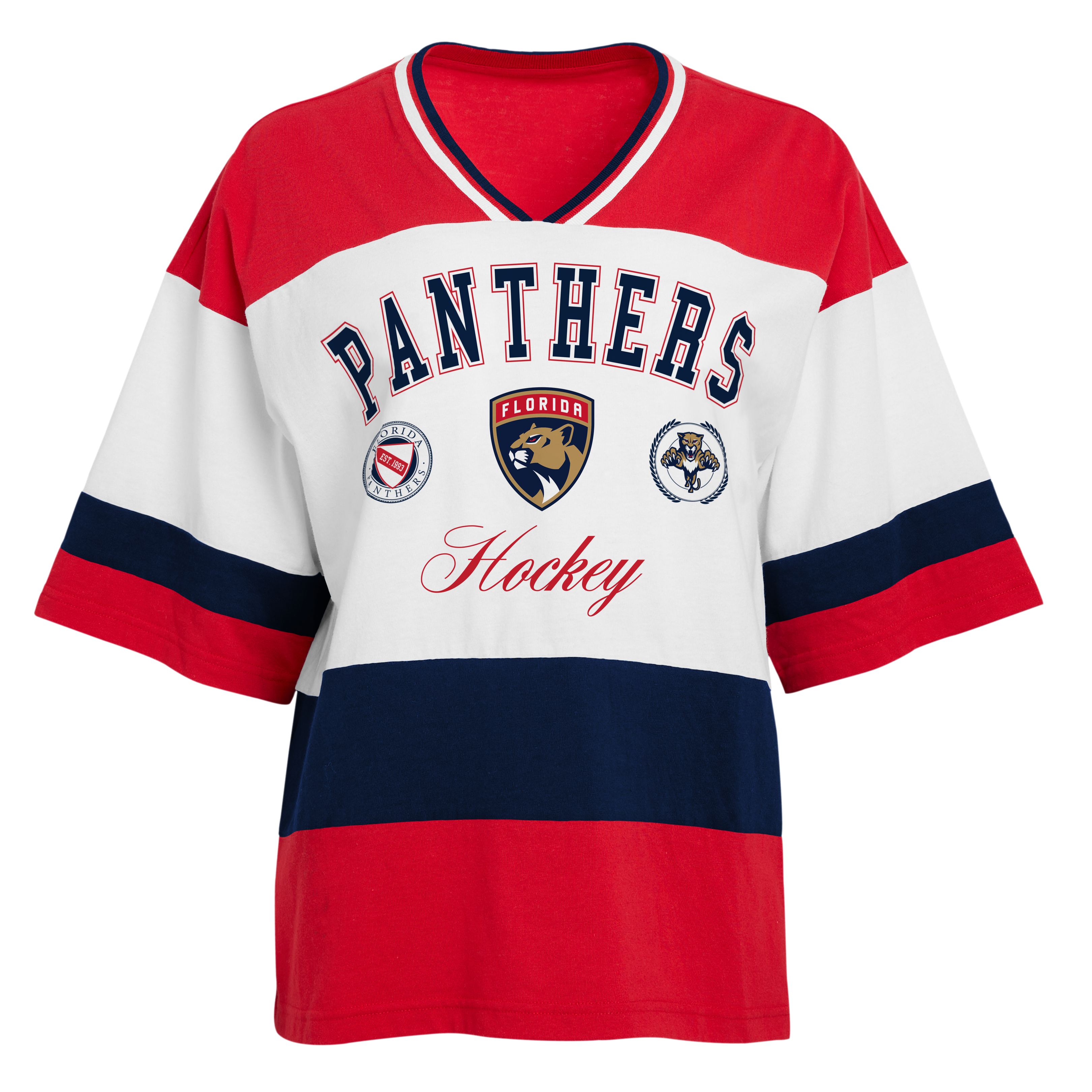 Florida Panthers WEAR by Erin Andrews Women's Long-Sleeve Rugby Tri-Color T-Shirt