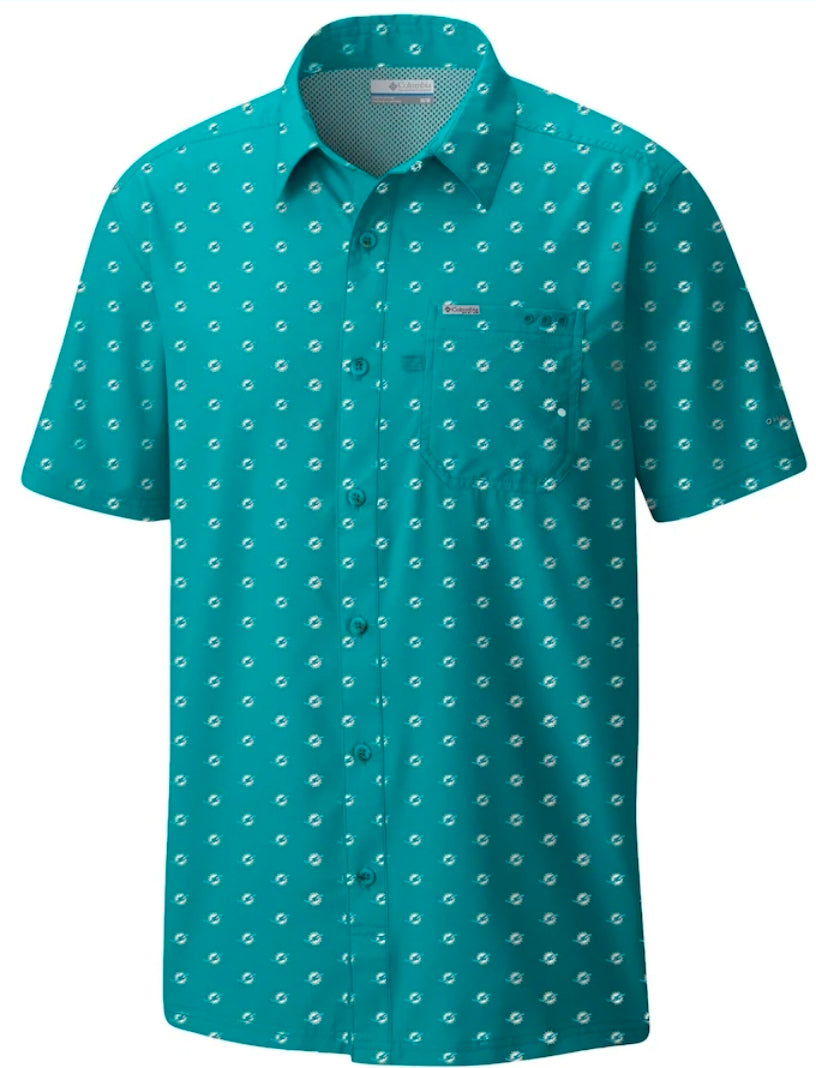 Miami Dolphins Columbia PFG Super Slack Tide Micro Print Logos Shirt - Aqua