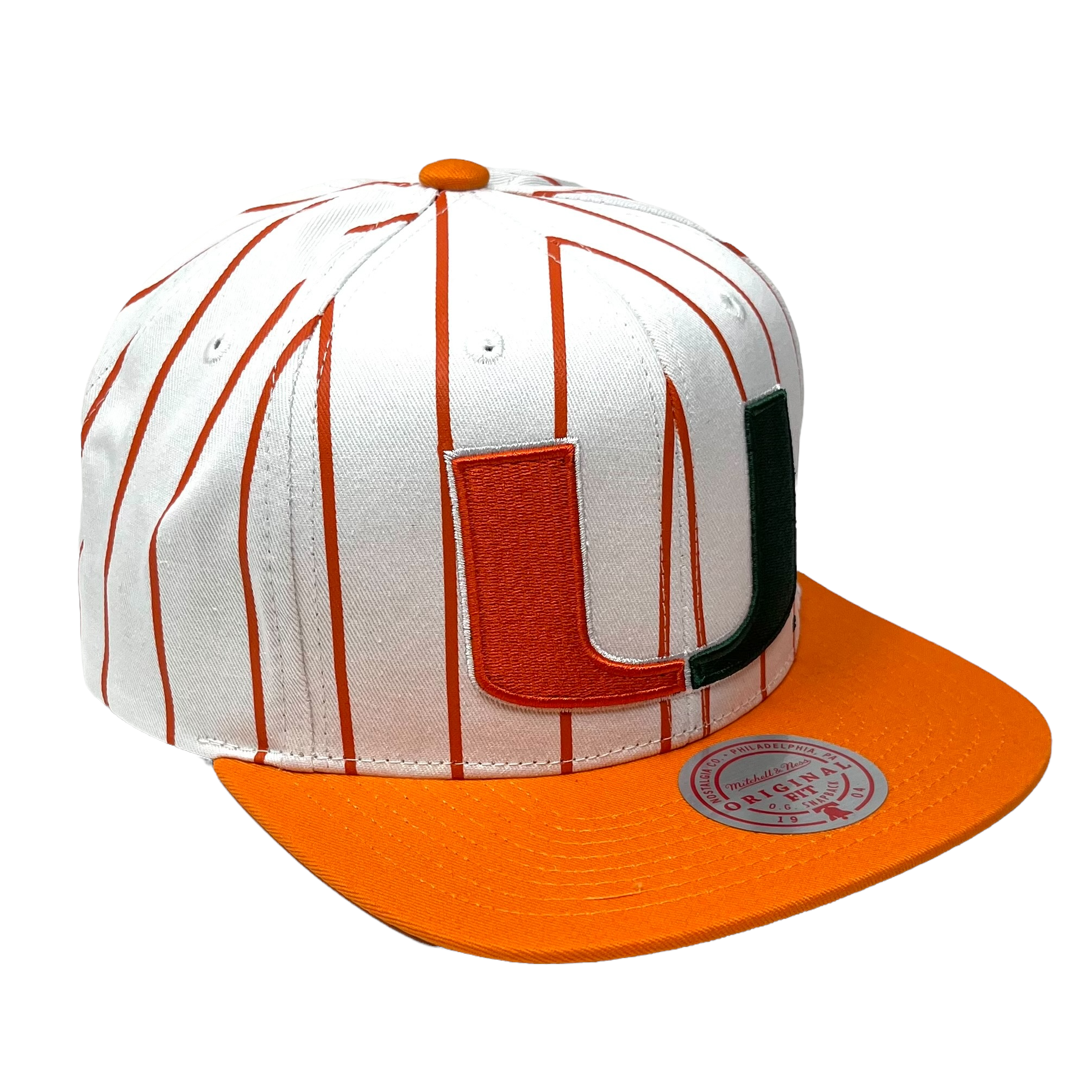 Miami Hurricanes Mitchell & Ness Retro Pinstripe Snapback Hat - White/Orange