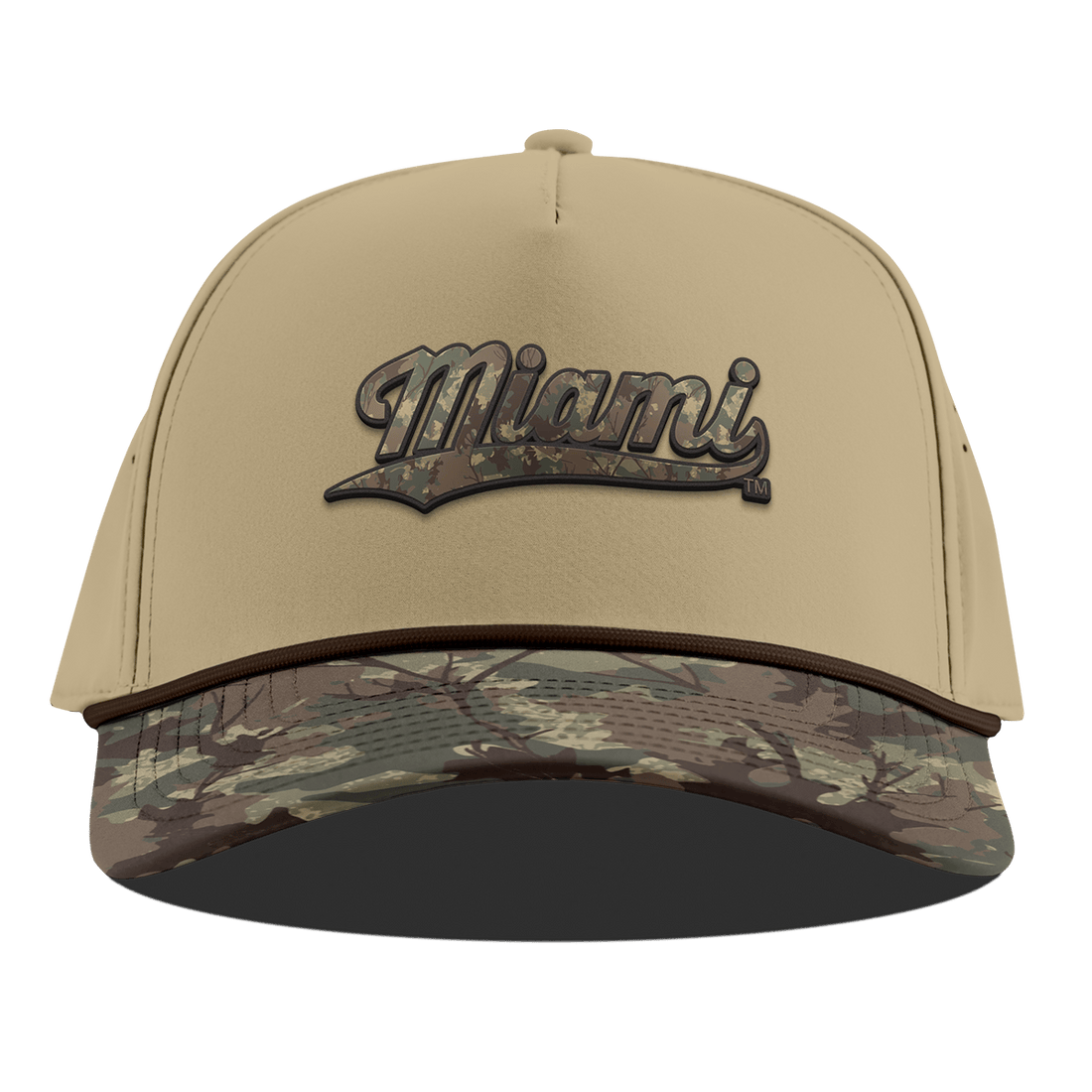 Miami Hurricanes Branded Bills "Miami Timber Camo Series" Curved 5 Panel Rope Hat - Beige