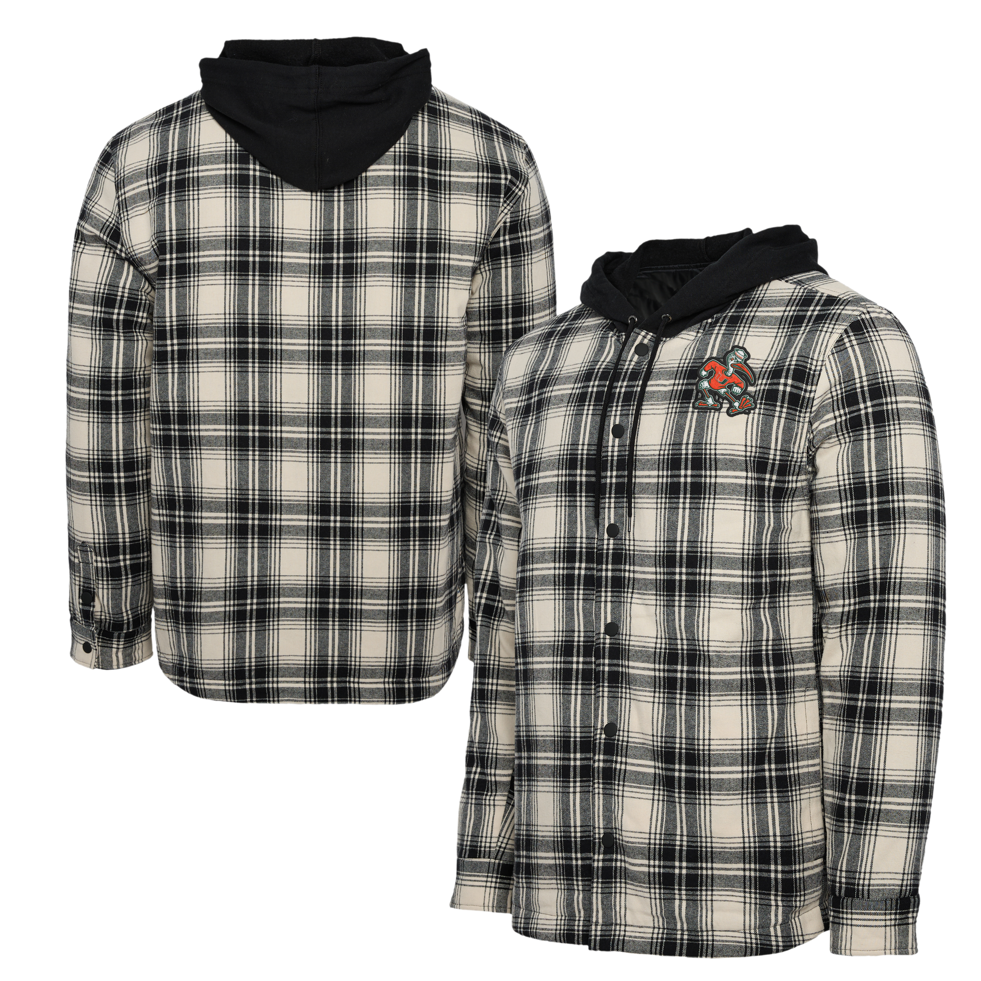 Miami Hurricanes Darius Rucker Black Plaid Flannel Quilted Full-Snap Hooded Shacket - Cream