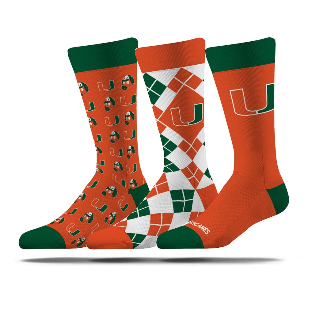 Miami Hurricanes Strideline 3 Pack Business Knit Crew Socks - Maniac