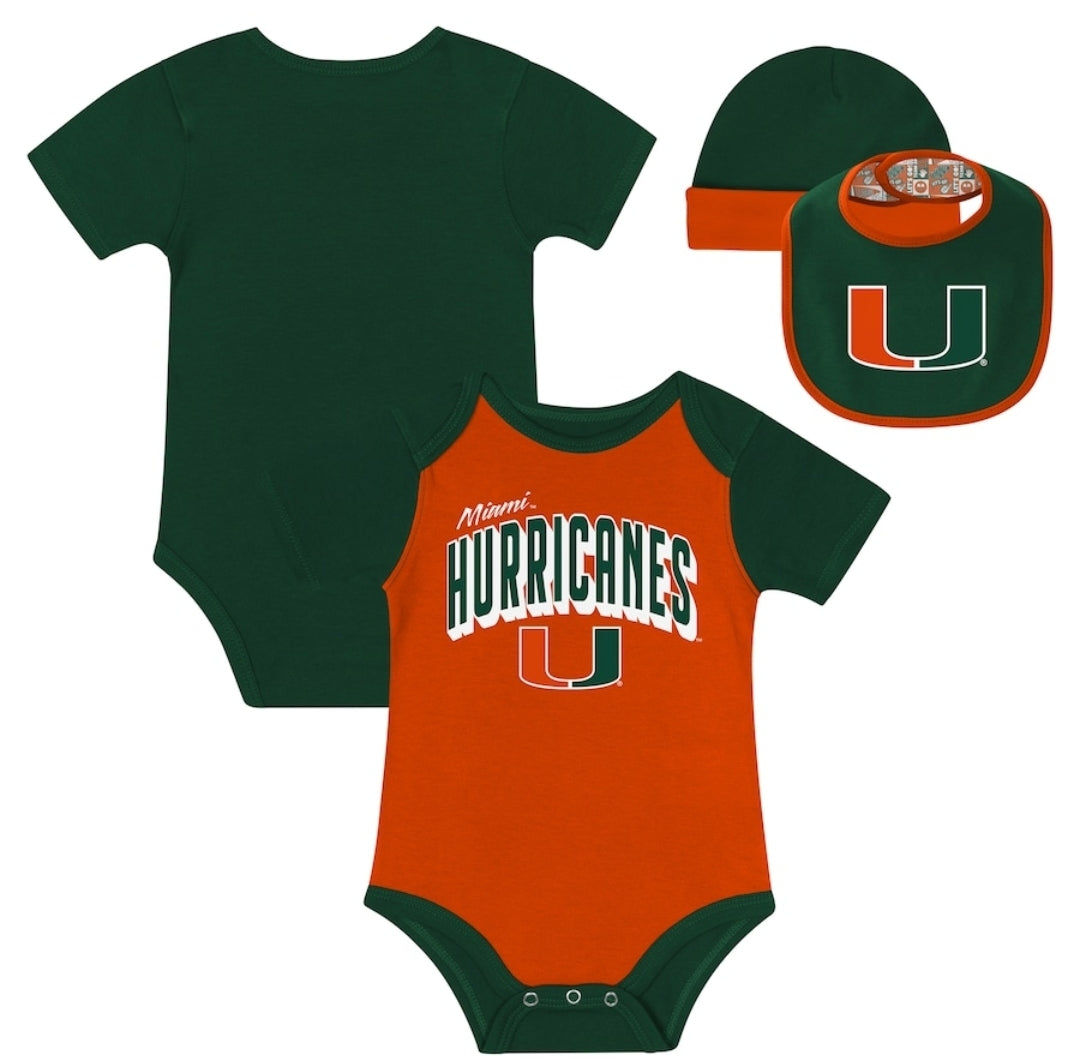 Miami Hurricanes Newborn & Infant Dynamic Duo Bodysuit, Bib & Cuffed Knit Hat Set