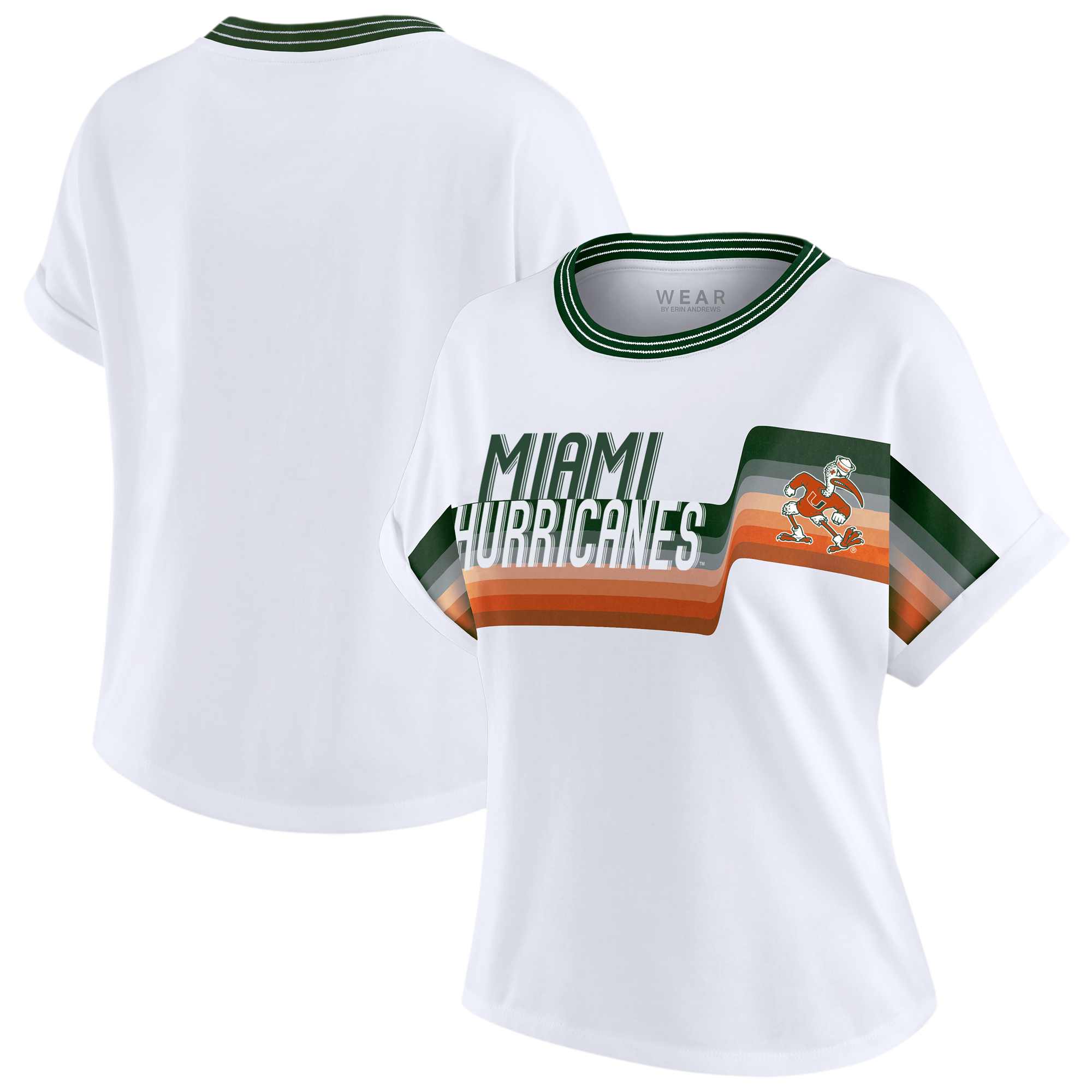 Miami Hurricanes WEAR by Erin Andrews Women's Cropped Center Stripe Dolman T-Shirt - White