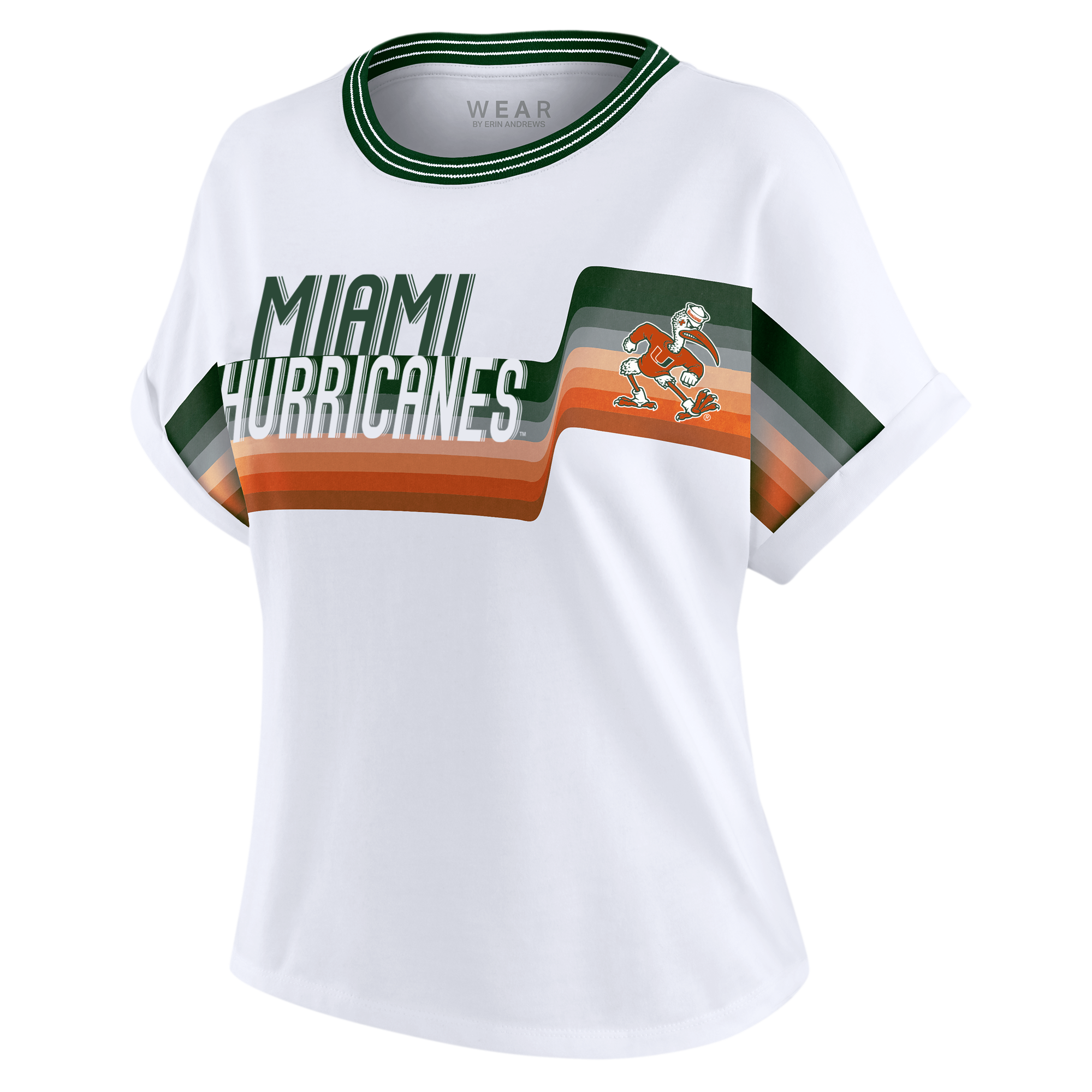Miami Hurricanes WEAR by Erin Andrews Women's Cropped Center Stripe Dolman T-Shirt - White