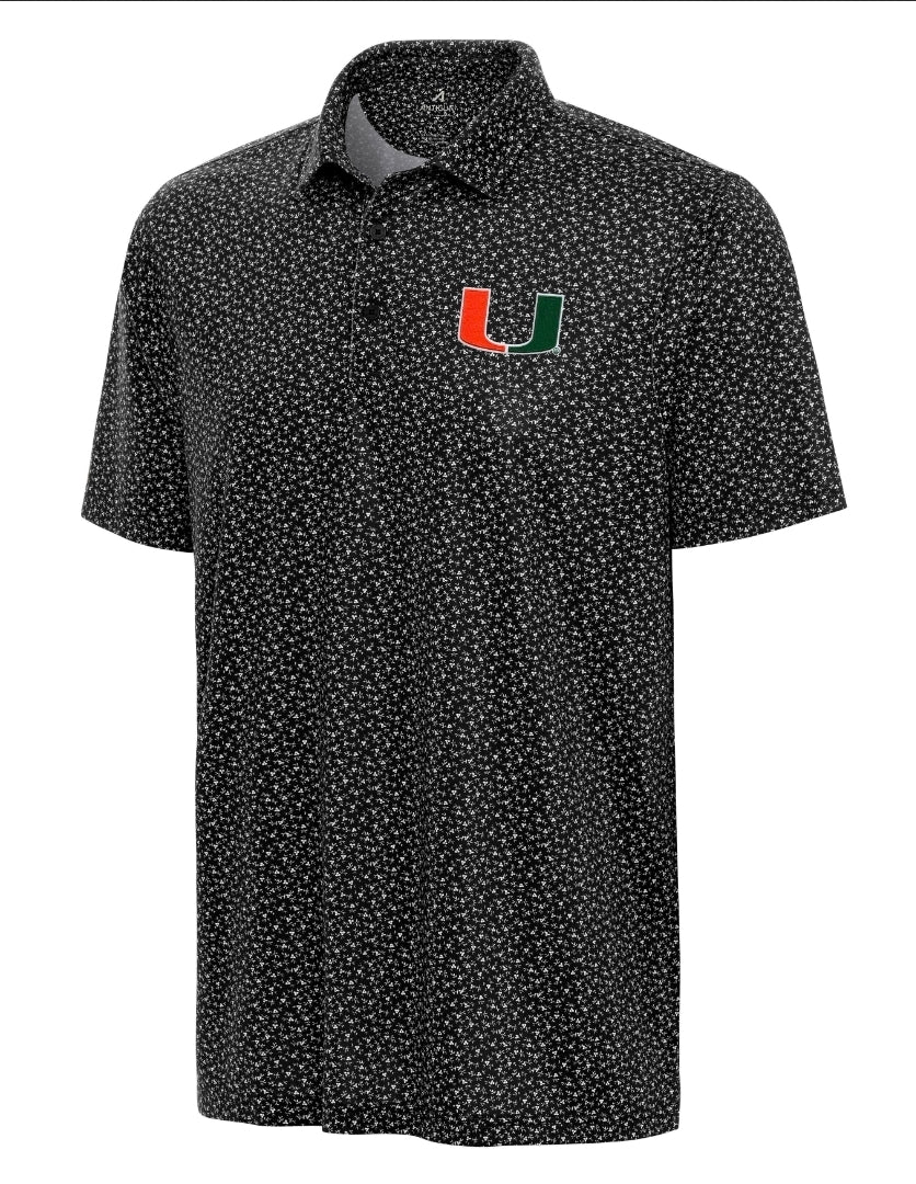 Miami Hurricanes Antigua Primary Logo Vigorous Floral Polo - Black/White