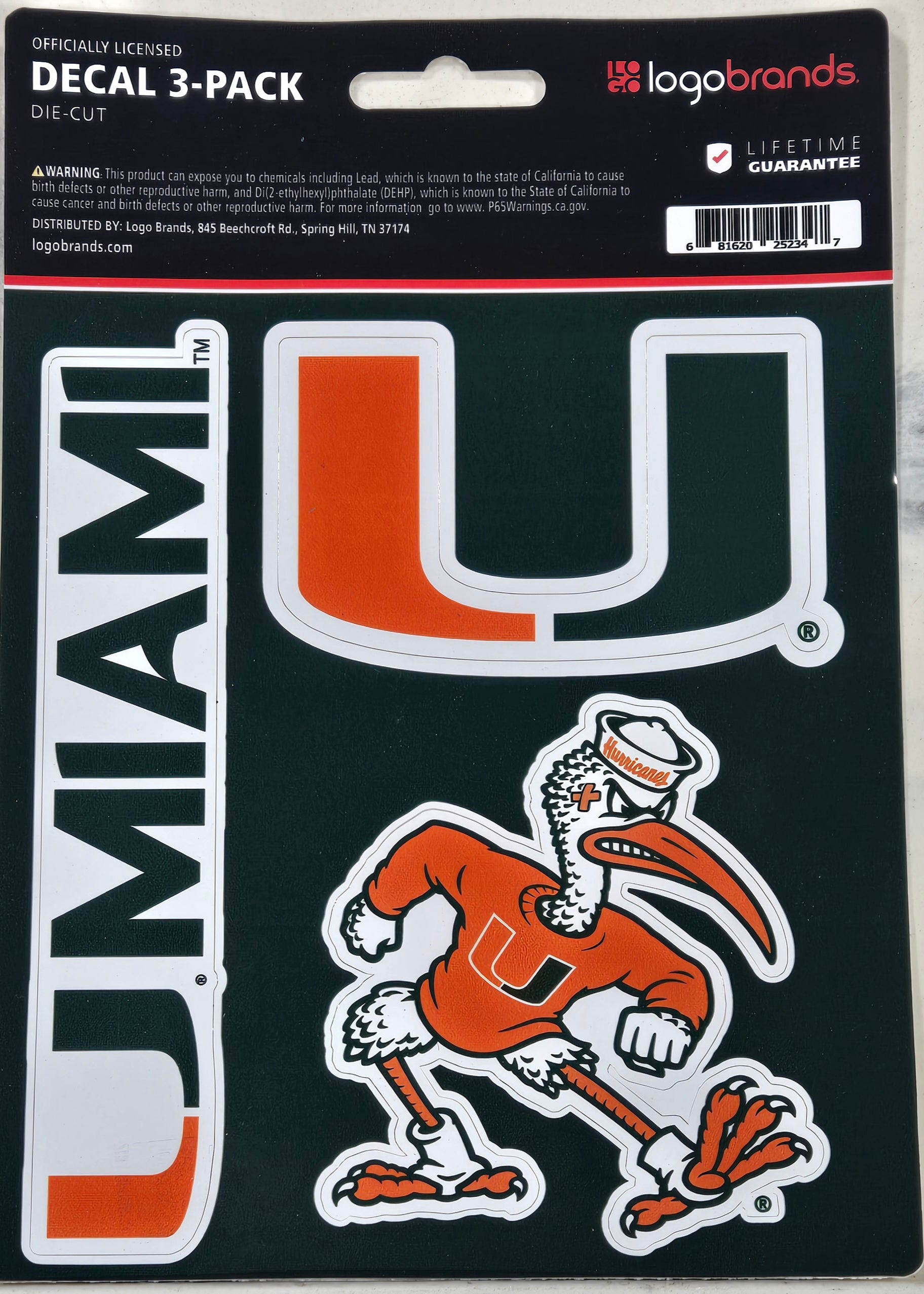 Miami Hurricanes 3 pk Team Decals