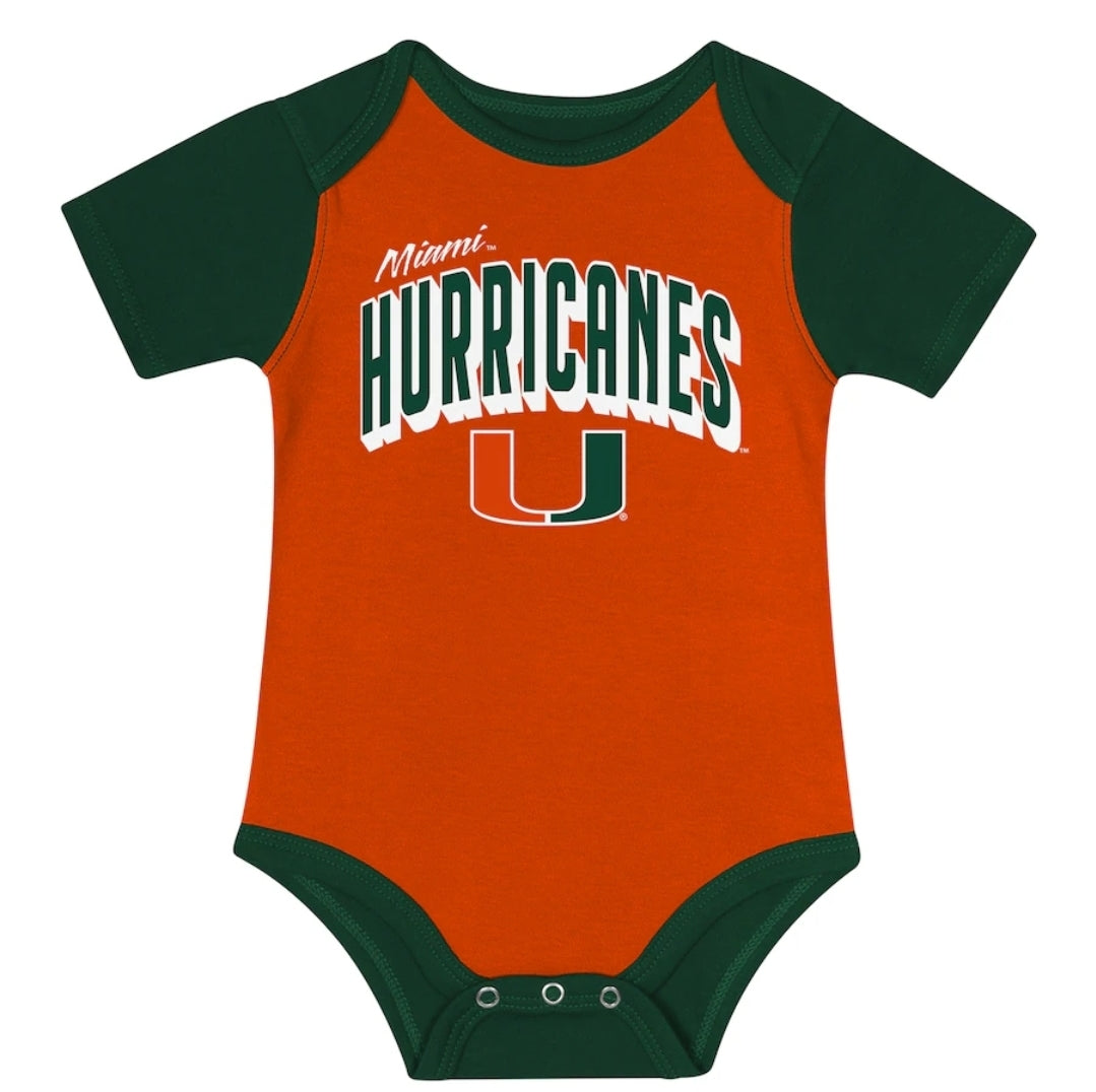 Miami Hurricanes Newborn & Infant Dynamic Duo Bodysuit, Bib & Cuffed Knit Hat Set