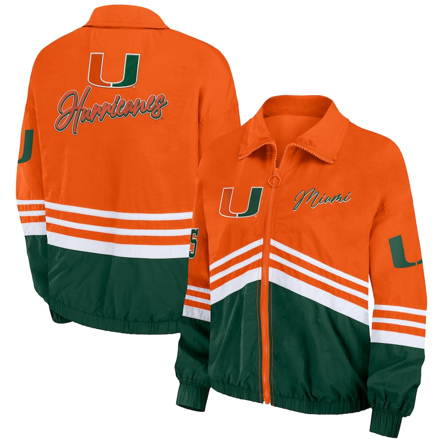 Miami Hurricanes WEAR by Erin Andrews Womens Throwback Windbreaker Jacket - Orange/Green