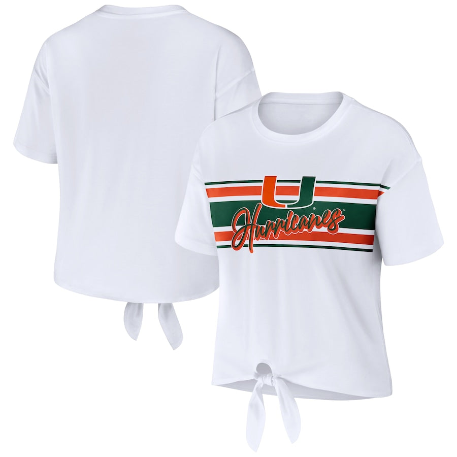Miami Hurricanes WEAR by Erin Andrews Women's Striped Front Knot Cropped T-Shirt - White