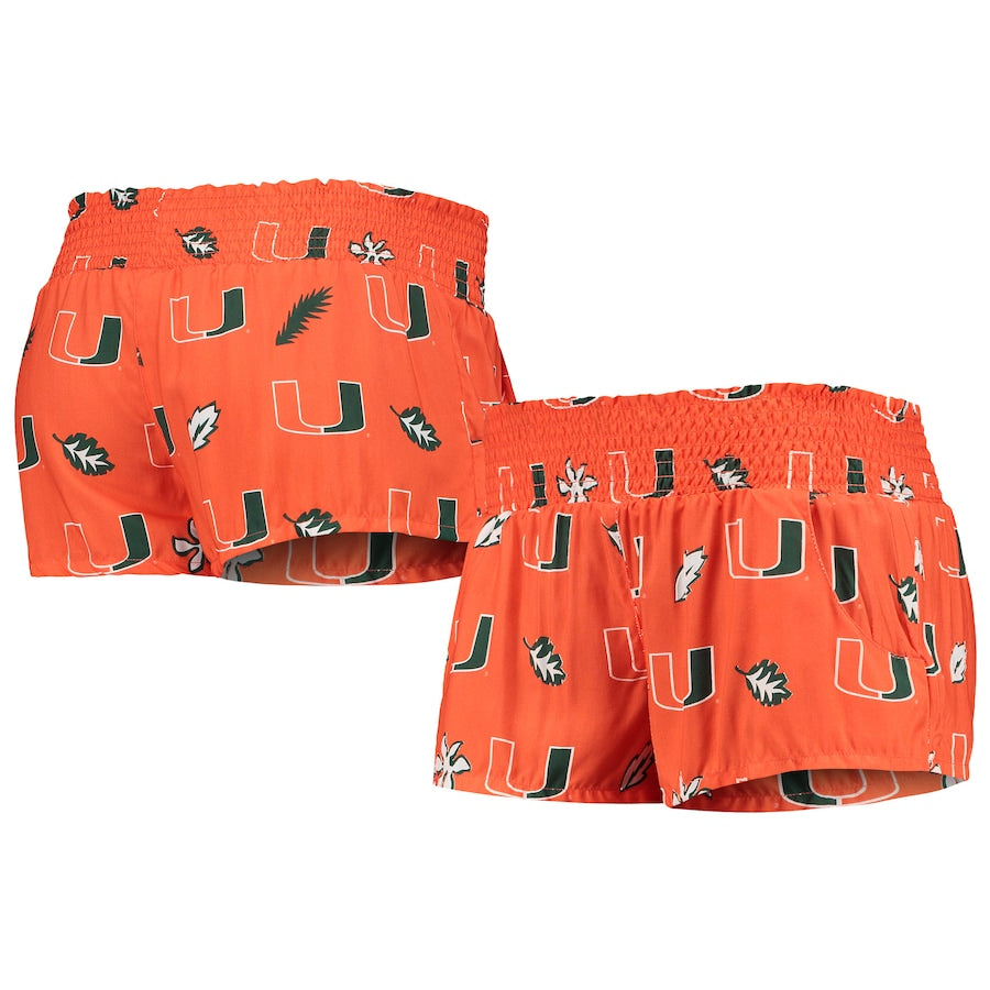 Miami Hurricanes Womens Floral Beach Shorts- Orange Crush