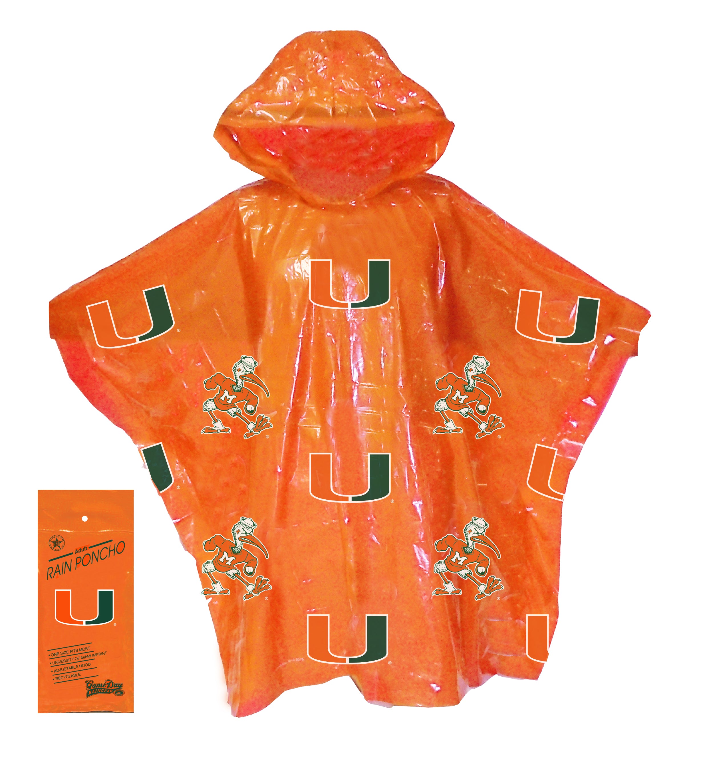 Miami Hurricanes Adult Rain Poncho w/Adjustable Hood - Orange