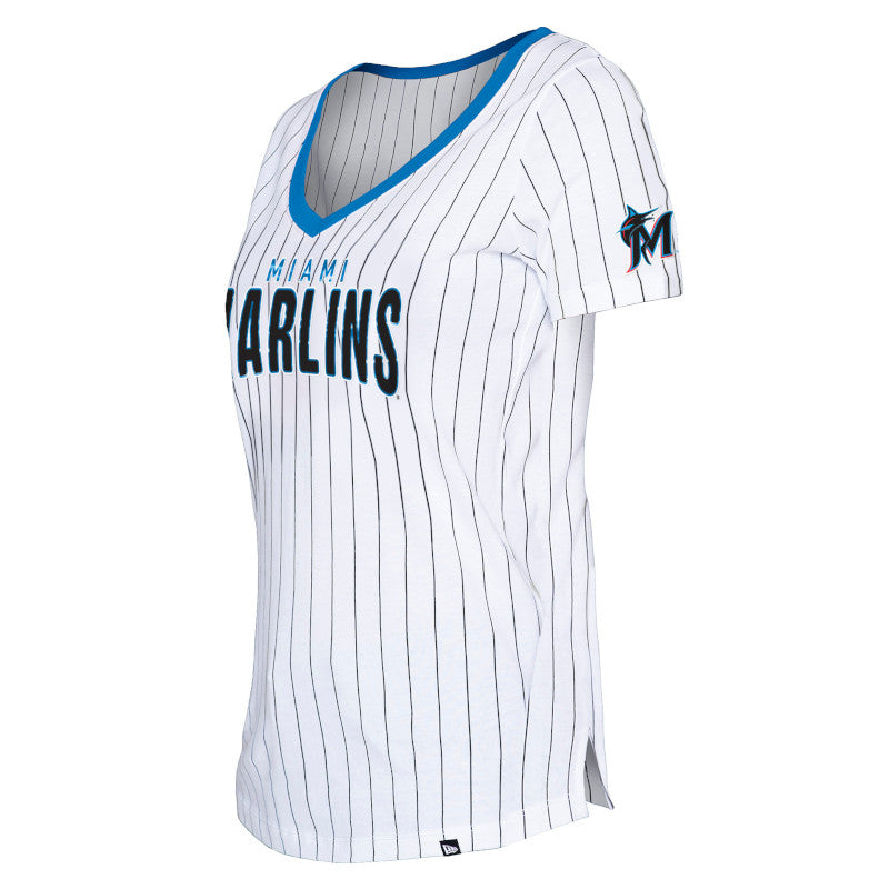 Miami Marlins New Era Womens Pinstripe V-Neck T-Shirt - White