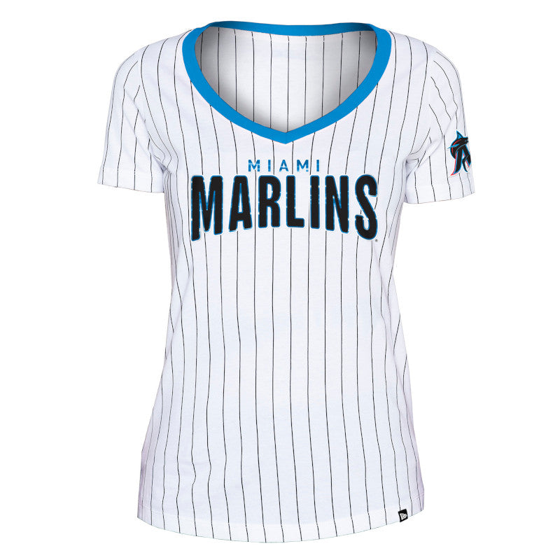 Miami Marlins New Era Womens Pinstripe V-Neck T-Shirt - White