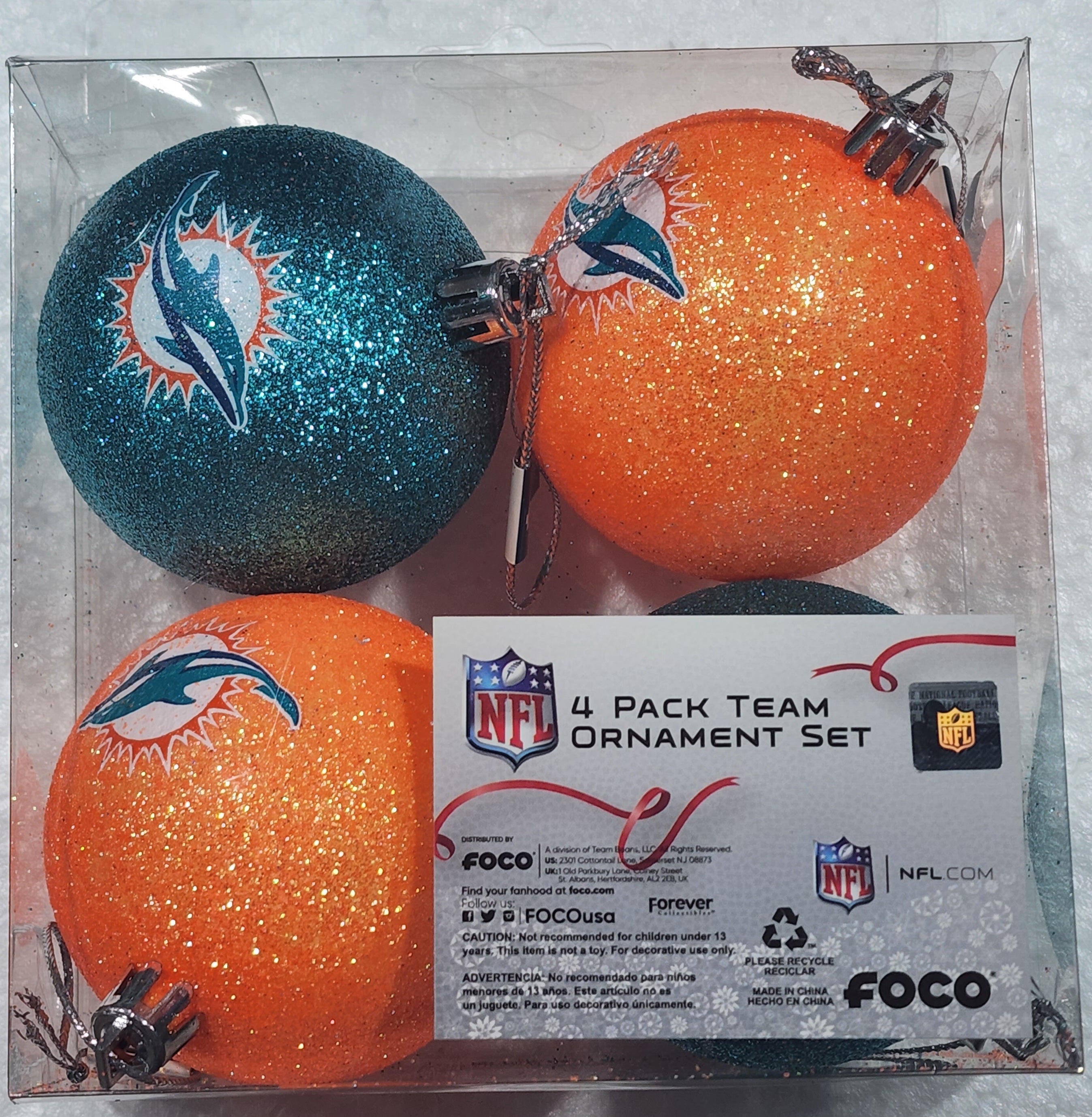 Miami Dolphins 4 Pack Glittered Team Ornament Set