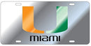 Miami Hurricanes Mirrored U Miami Laser Cut  Front License Plate / Tag - Silver