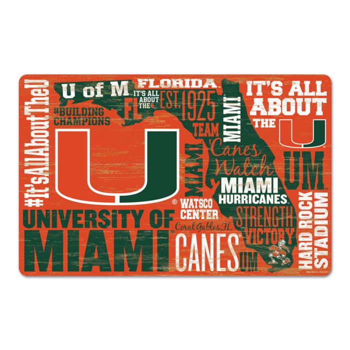 Miami Hurricanes Wordage Wooden Sign 11" x 17"