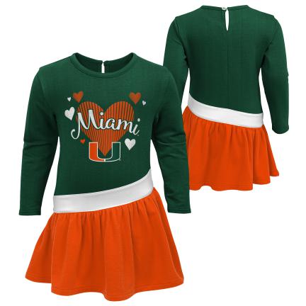 Miami Hurricanes Youth Girls Hearts Long Sleeve Dress - Green/Orange