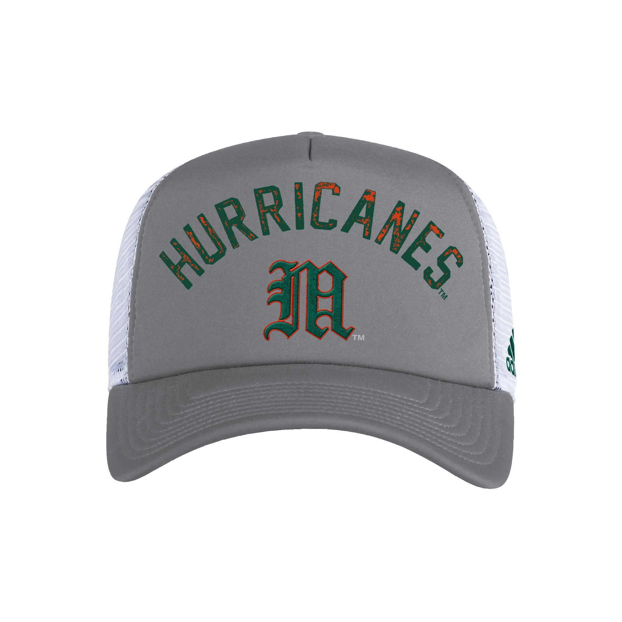 Miami Hurricanes adidas Old English M Foam Trucker Hat - Grey/White