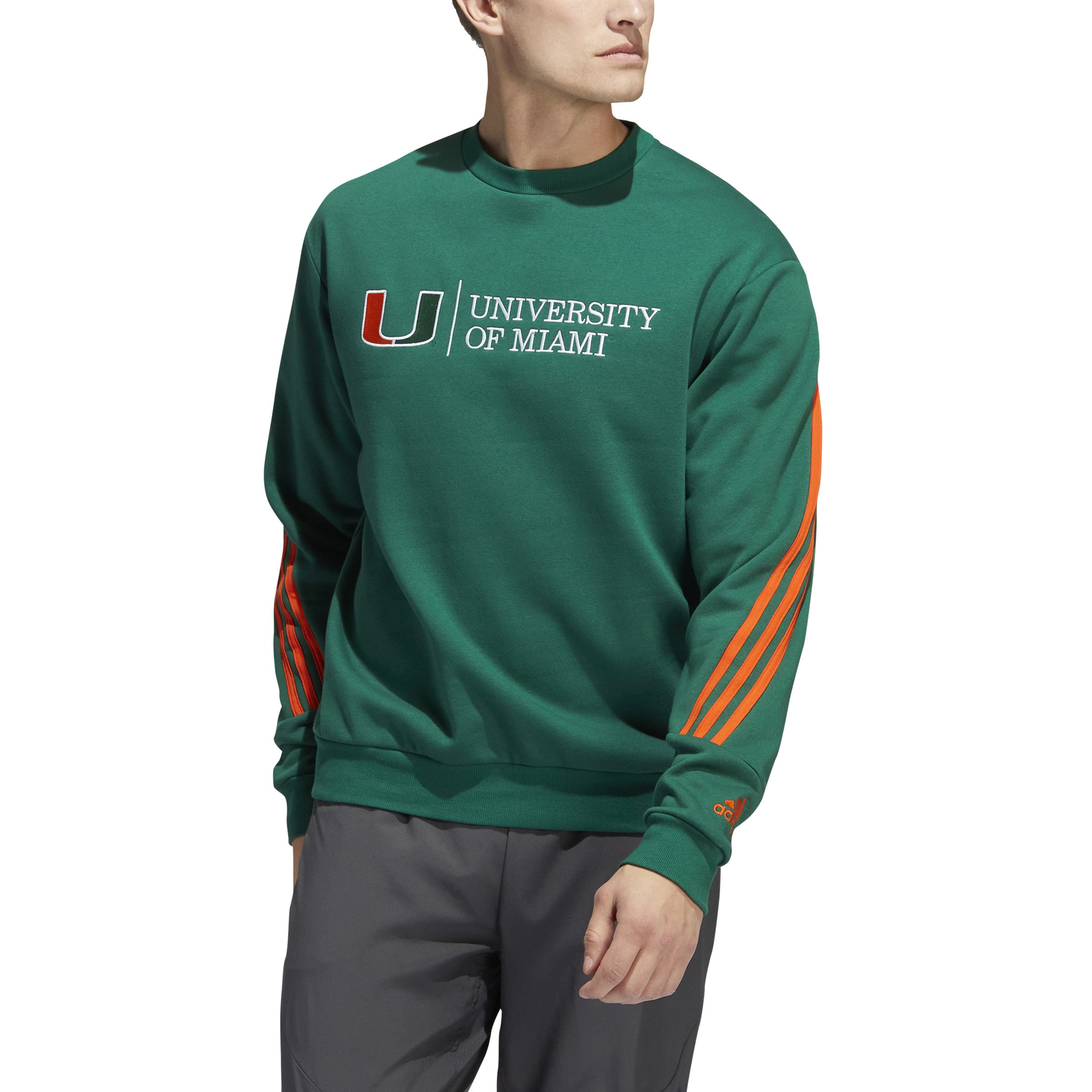 Miami Hurricanes adidas 3 Stripe School Script Crew Neck Sweatshirt - Green
