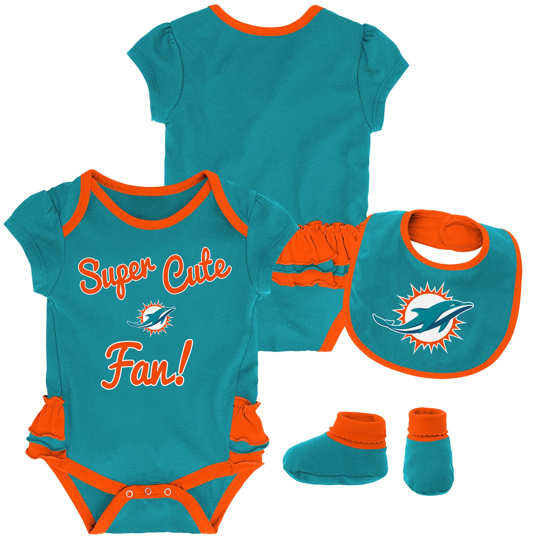 Miami Dolphins Super Cute Fan 3 Piece Creeper Set with Bib and Booties