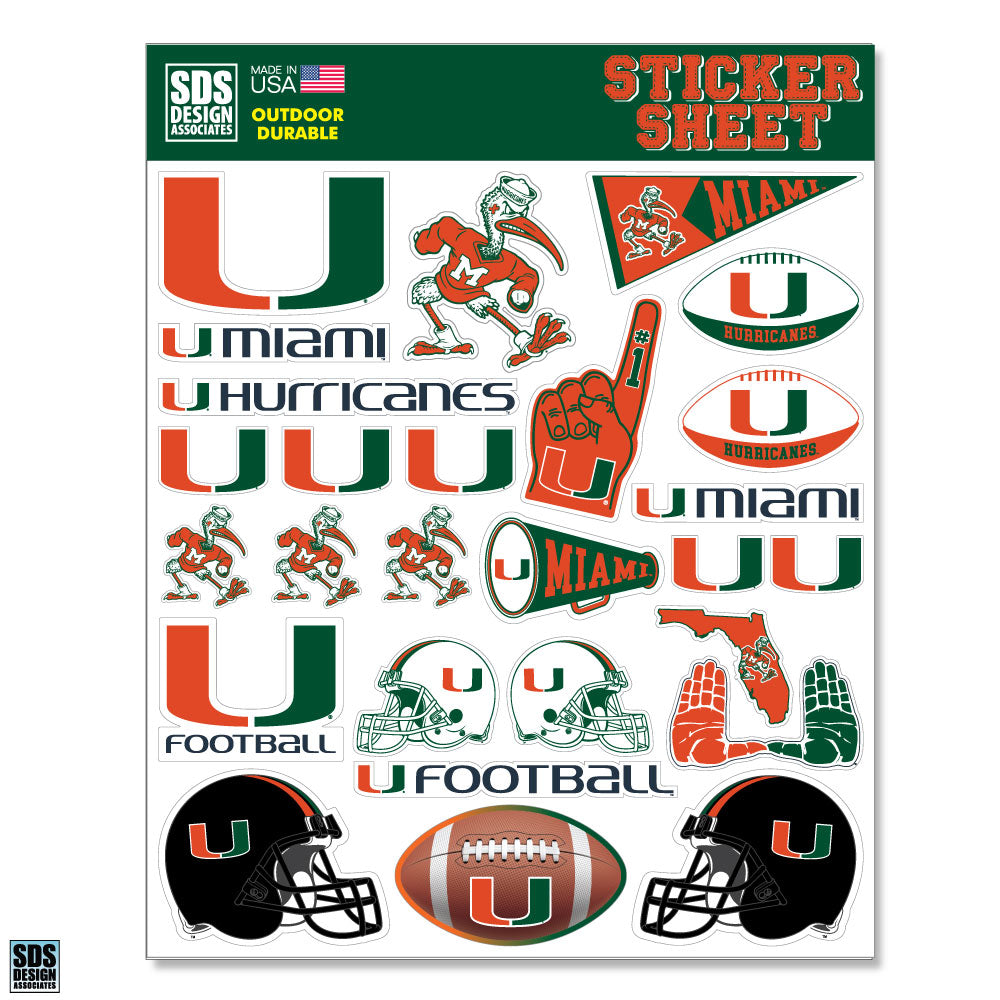 Miami Hurricanes Football Sticker Sheet - 27 Stickers