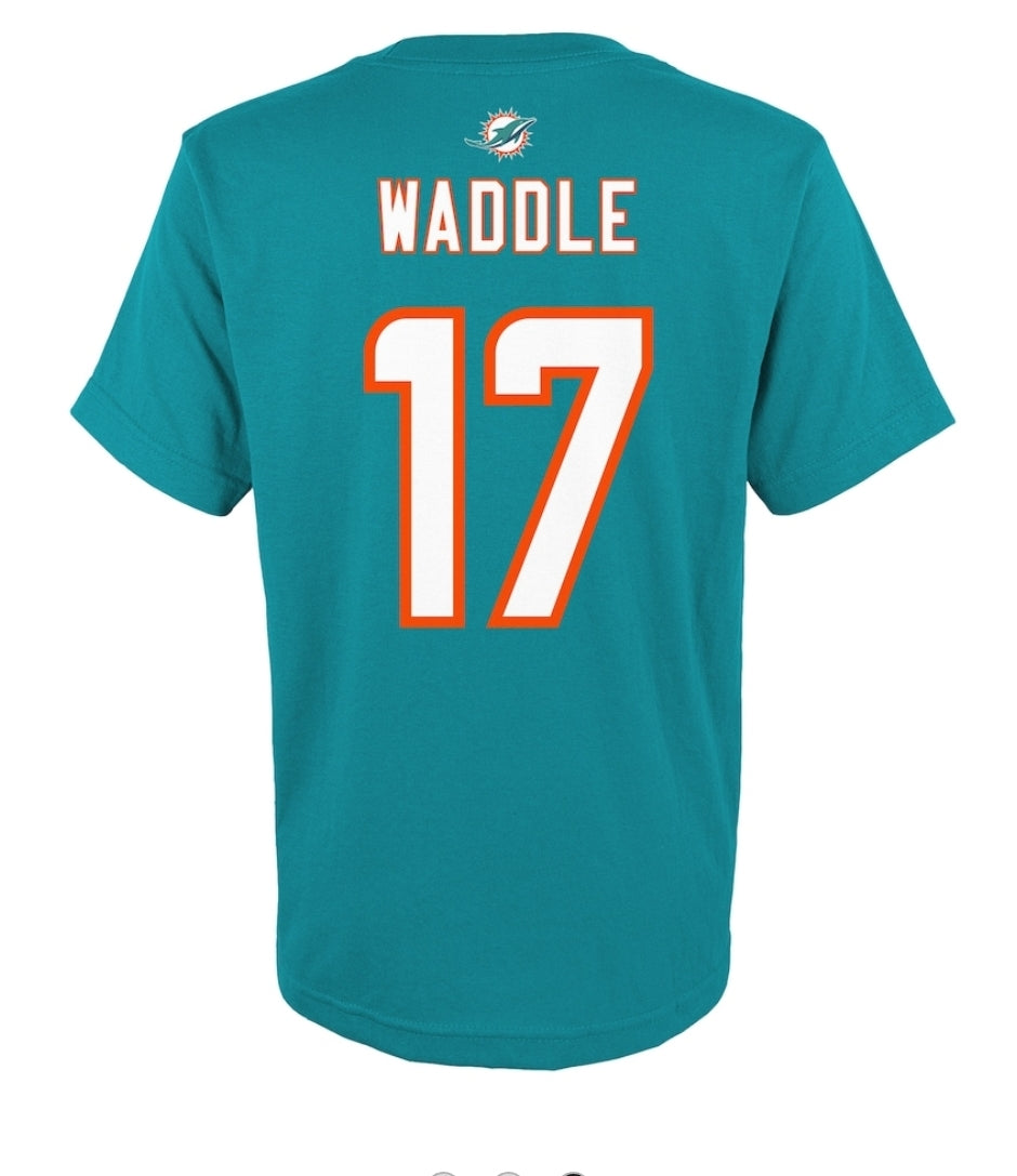 Jaylen Waddle Miami Dolphins Men's Aqua Name & Number Logo T-Shirt 