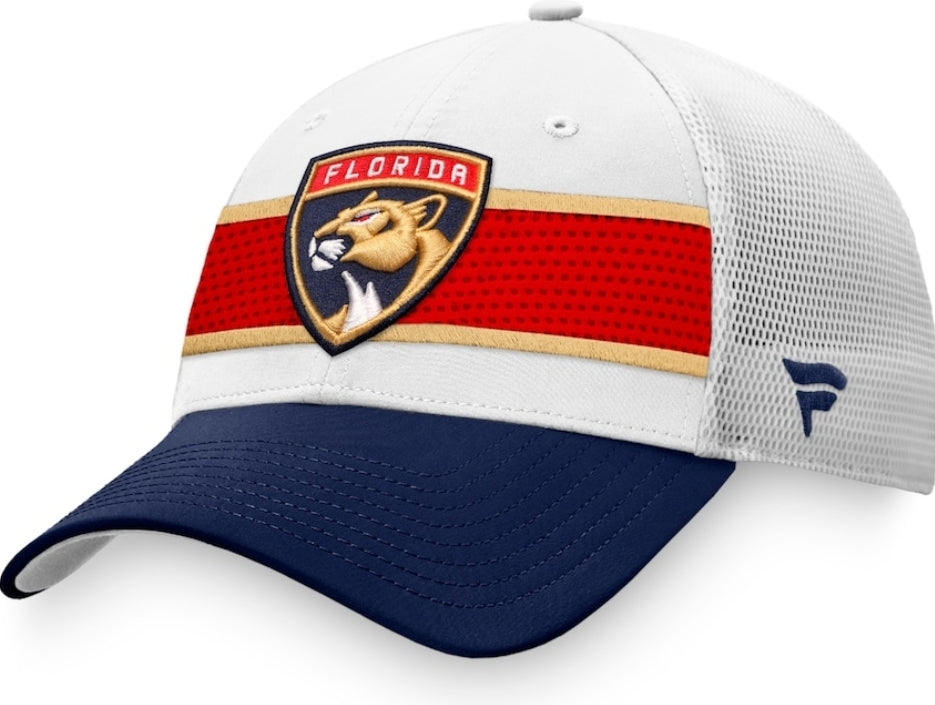 Florida Panthers Fanatics Branded White/Navy 2021 NHL Draft Authentic Pro On Stage Trucker Snapback Hat