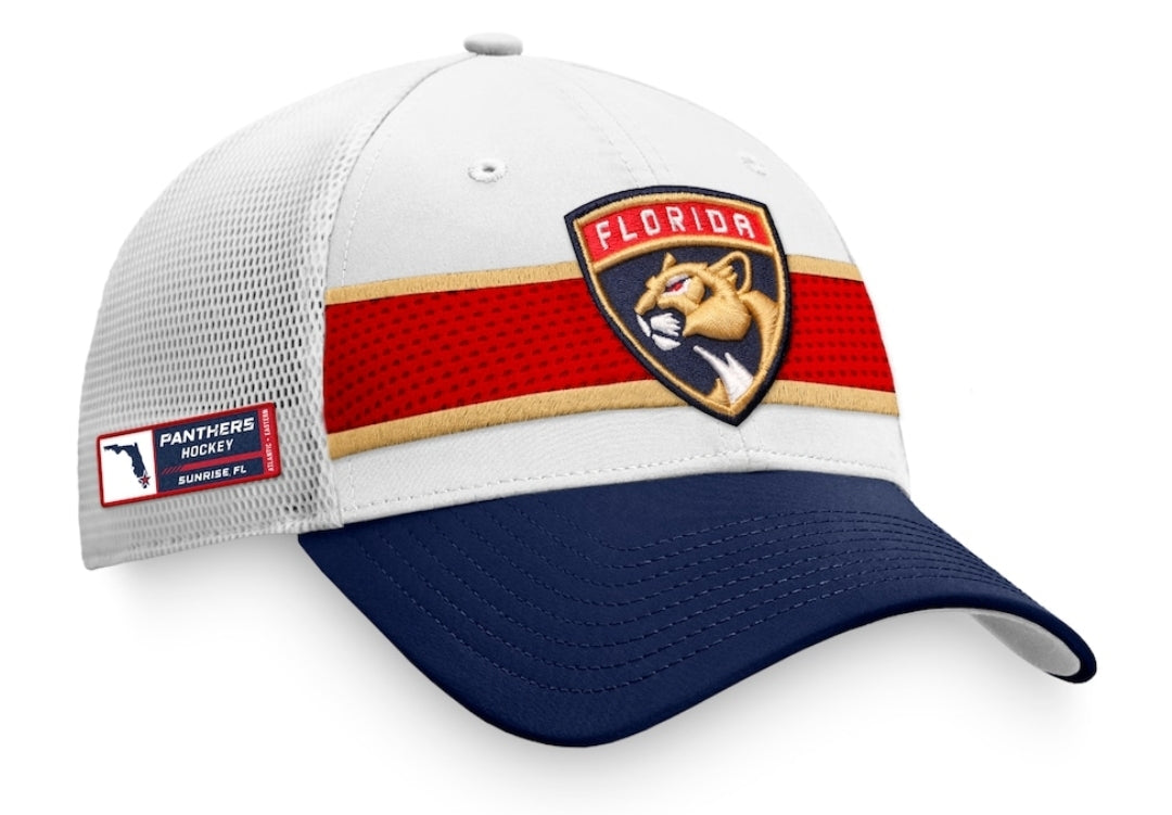 Florida Panthers Fanatics Branded White/Navy 2021 NHL Draft Authentic Pro On Stage Trucker Snapback Hat