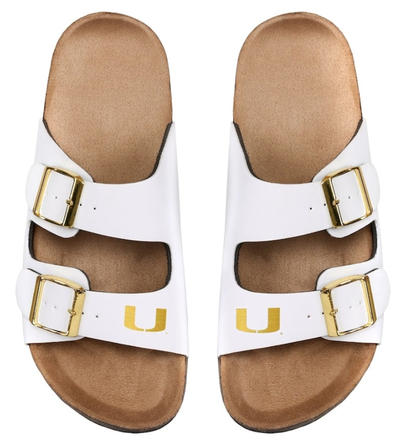 Miami Hurricanes Womens Faux Leather Double Buckle Sandals - White