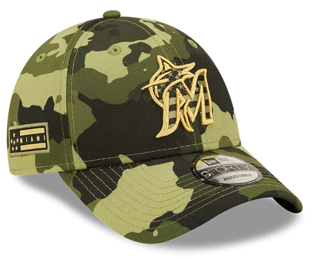 New Era Miami Marlins Camo 2022 Armed Forces Day 9FORTY Snapback Adjustable Hat