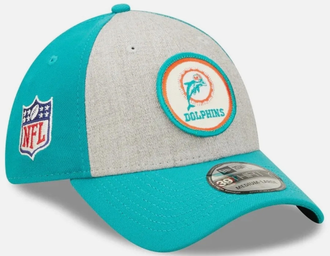 Miami Dolphins New Era 2022 Sideline Historic Logo 39Thirty Flex Fitted Hat - Grey/Aqua