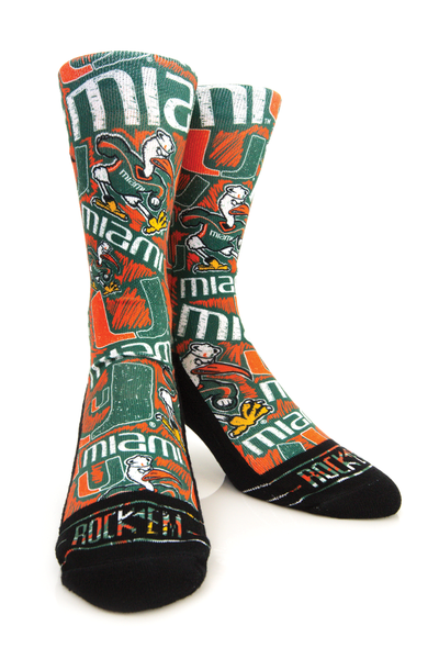 Miami Hurricanes Rock'em Logo Sketch Socks Green - CanesWear at Miami FanWear Footwear Rock'em CanesWear at Miami FanWear
