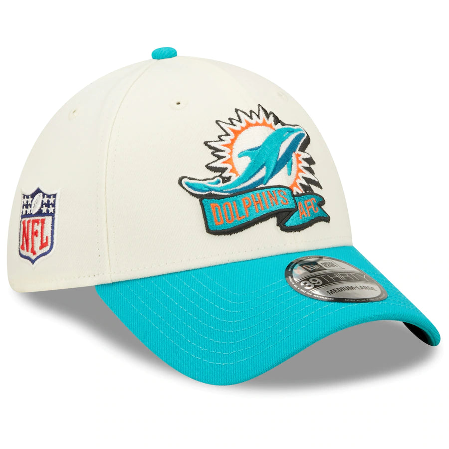 Miami Dolphins New Era 2022 Sideline 39Thirty 2-Tone Flex Fitted Hat - Cream/Aqua