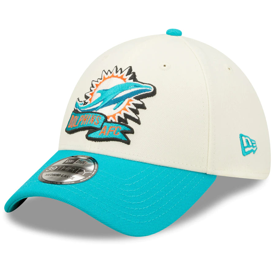 Miami Dolphins New Era 2022 Sideline 39Thirty 2-Tone Flex Fitted Hat - Cream/Aqua