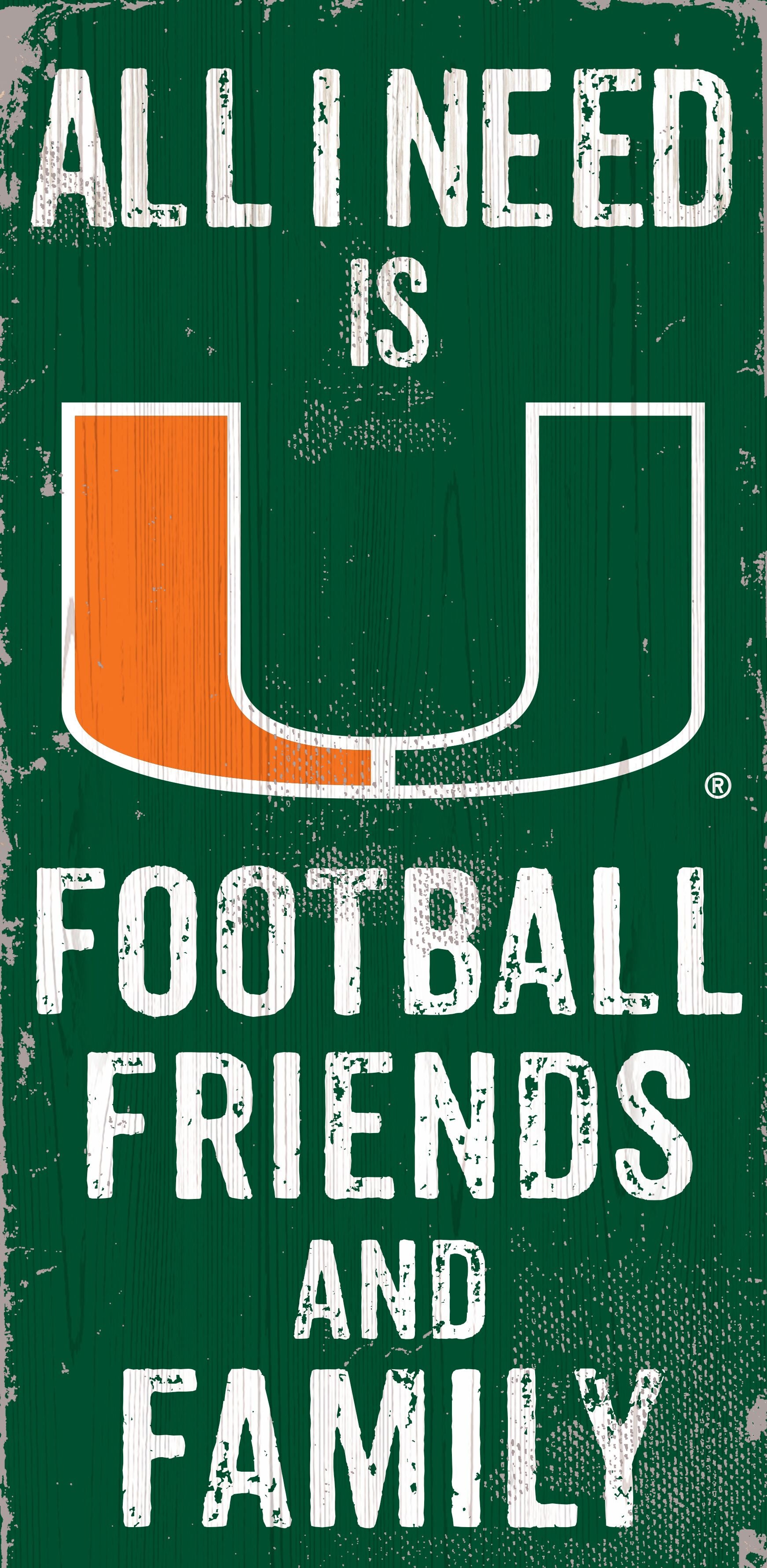 Miami Hurricanes Football, Friends, & Family Wooden Sign - 6 x 12"